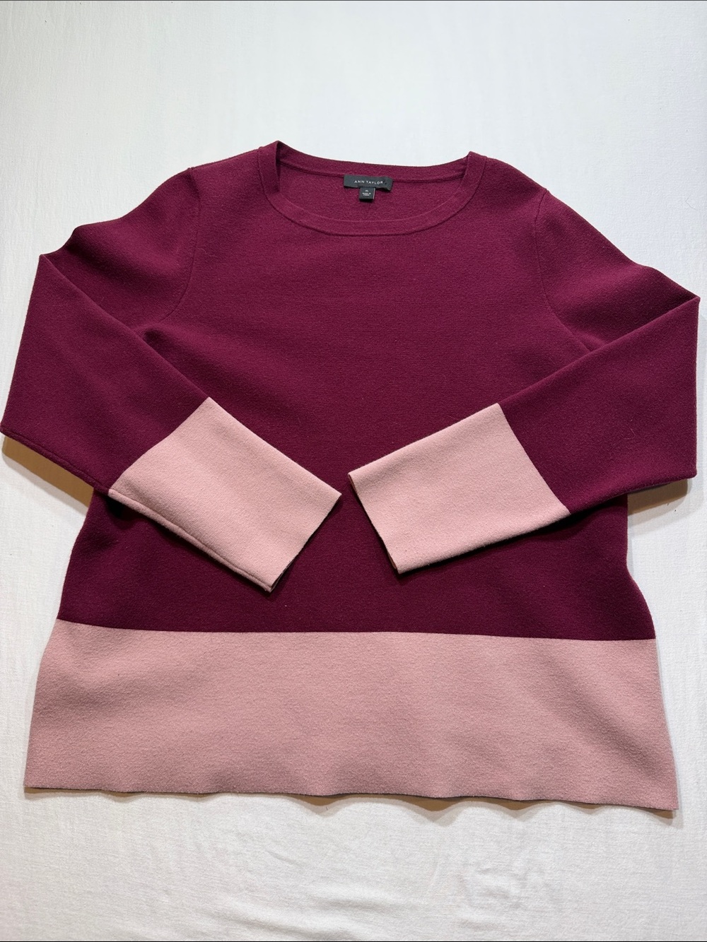 Ann Taylor Maroon and Light Pink Colorblock Crewneck Sweater